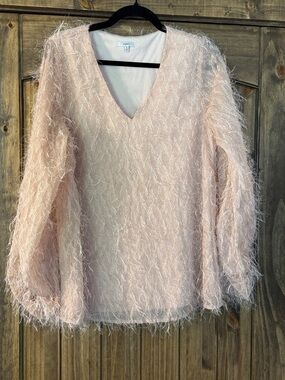 JODIFL Feather-Trim V-Neck Blouse in Blush Pink